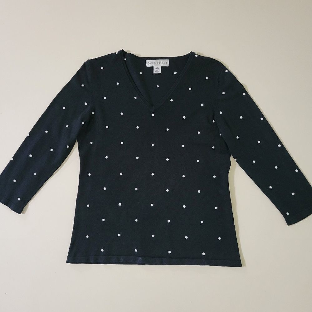 Casual Corner Women's Black & White 3/4 Sleeve Dotted V-neck Sweater